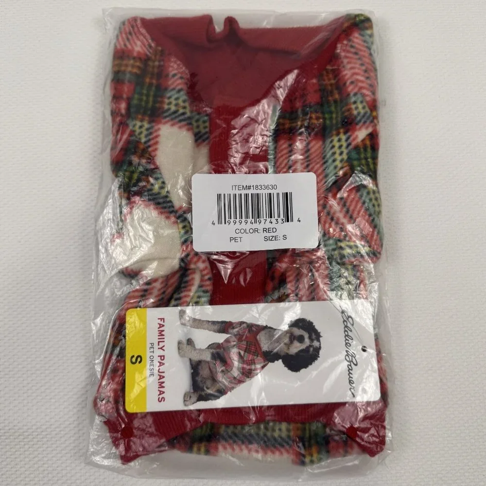 Eddie Bauer Red Plaid Pet Bodysuit Size Small Flannel Family Dog Pajamas NEW